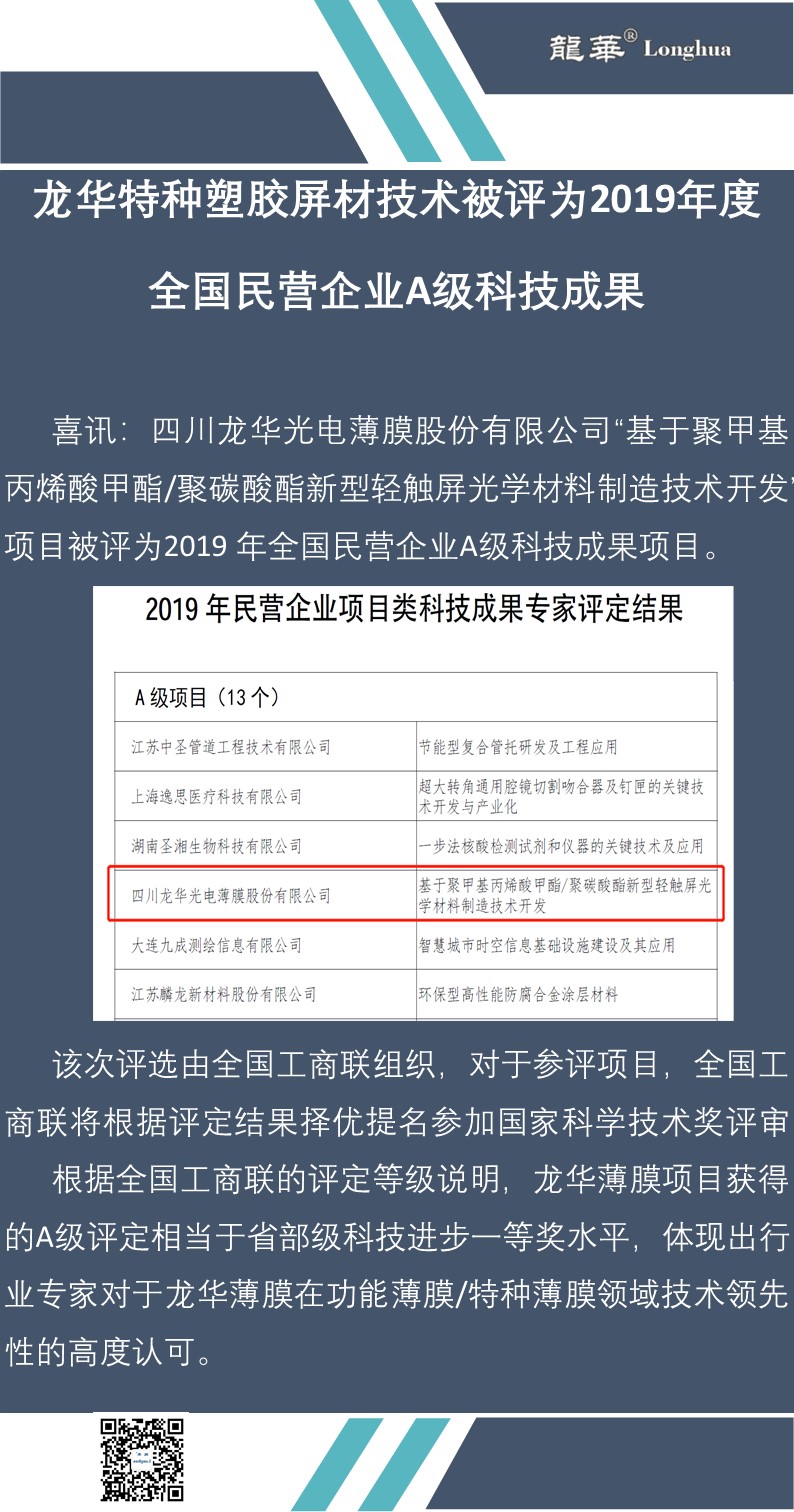龙华特种塑胶屏材技术被评为2019年度全国民营企业A级科技成果.jpg